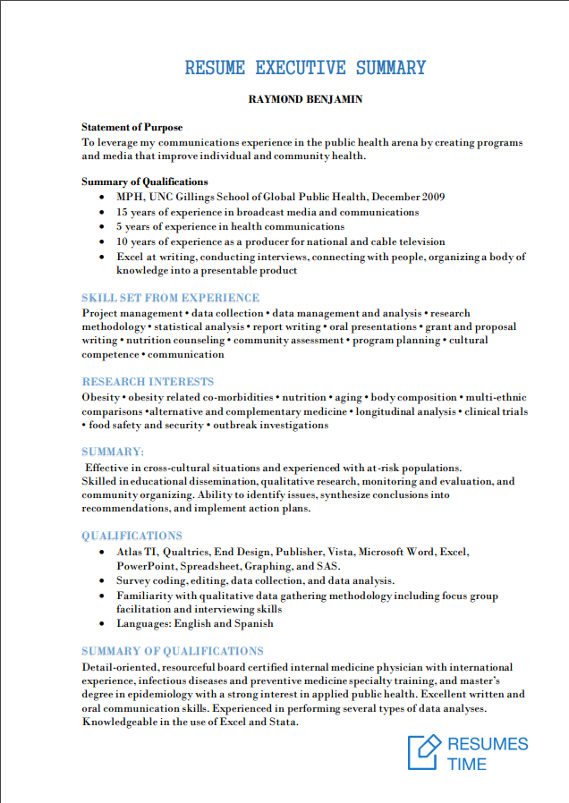 executive summary examples for resume